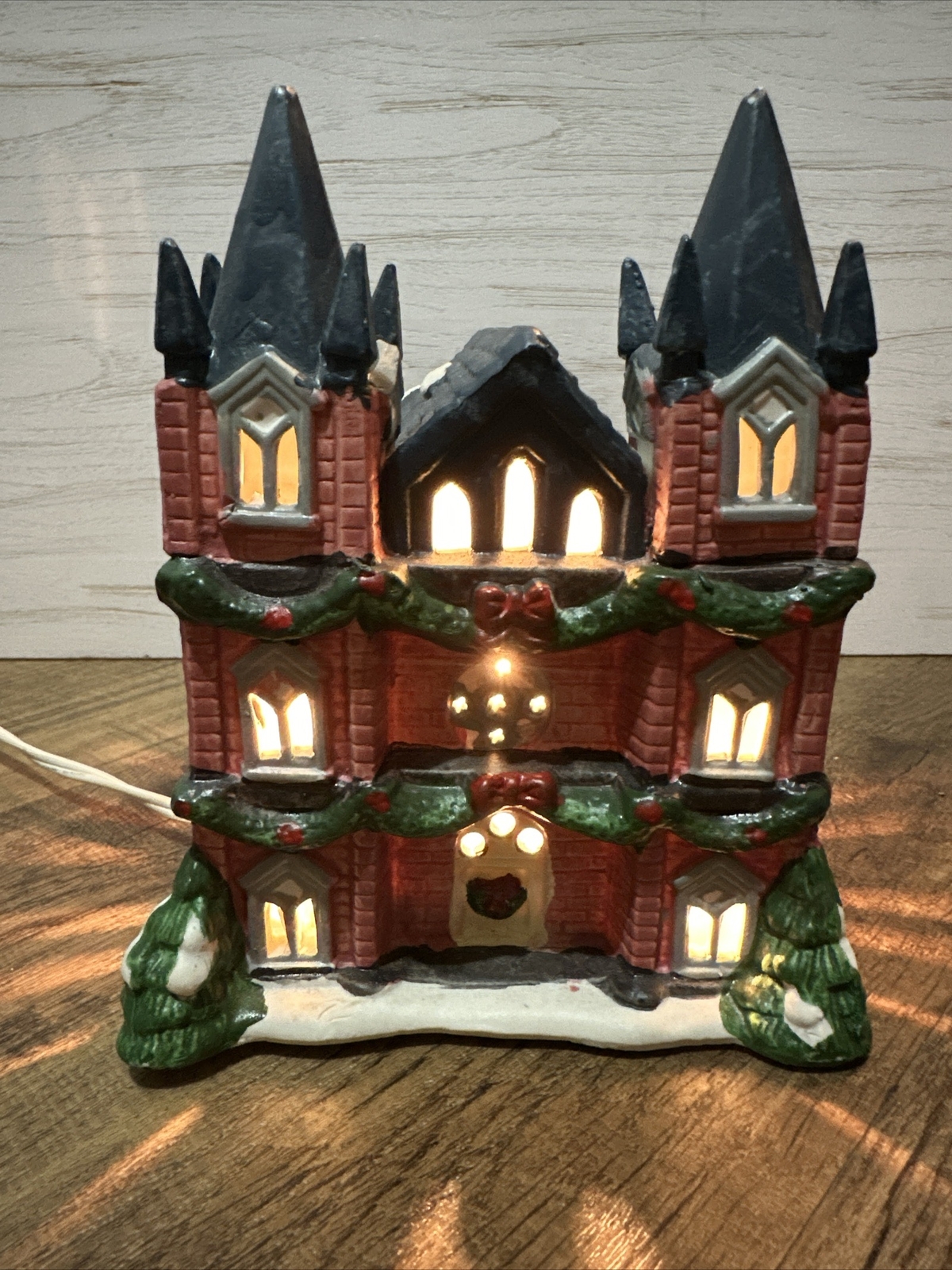 VTG Christmas Village Lighted Double Spire Porcelain Church Removable Cord/light