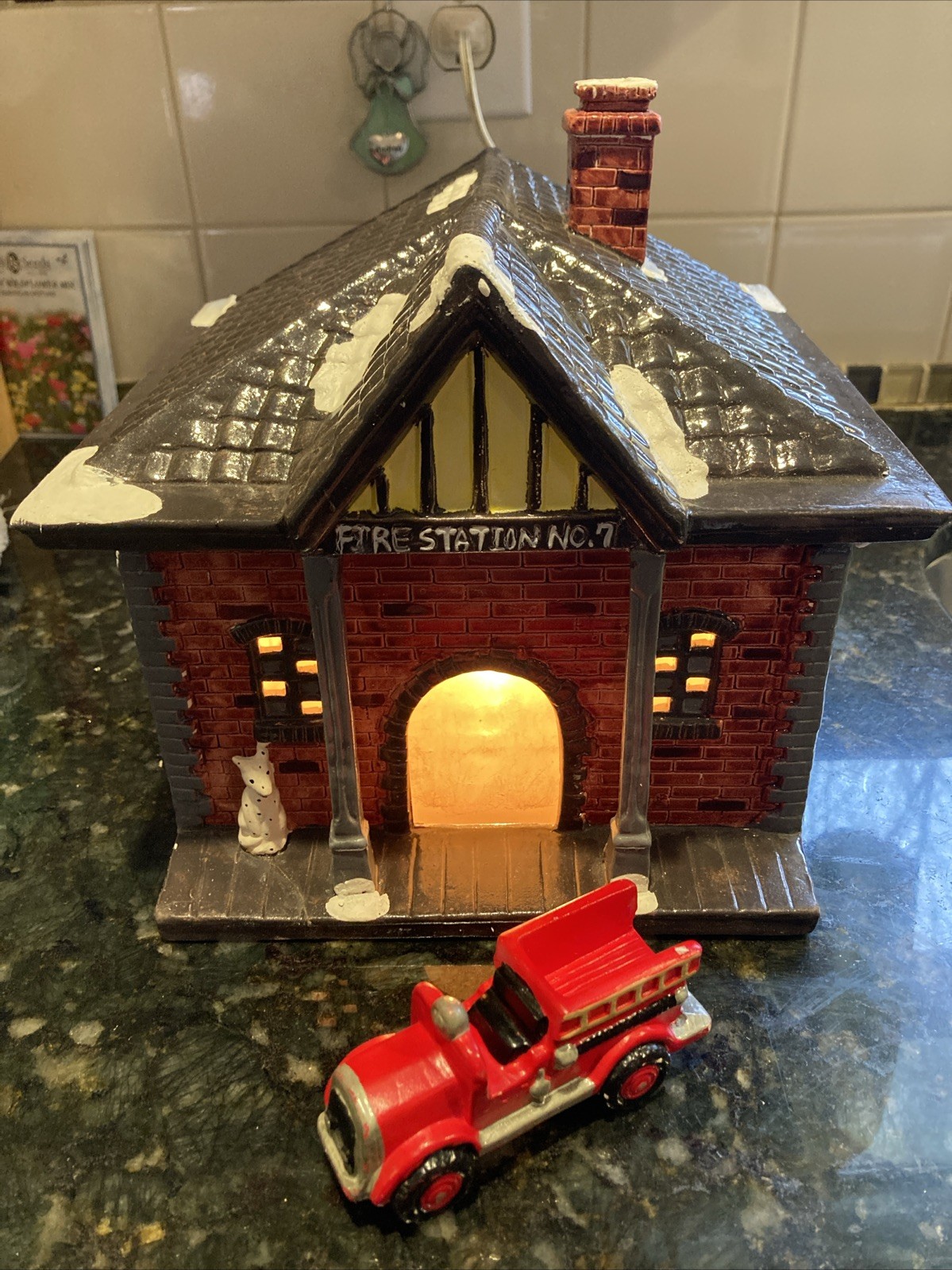 1988 Yuletide Christmas Village Fire Station & Fire Truck Snow Hamlet #730