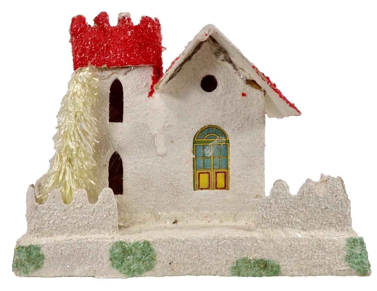 Christmas Putz House White Red Roof Chimney 2 Story Fence NICE #1228