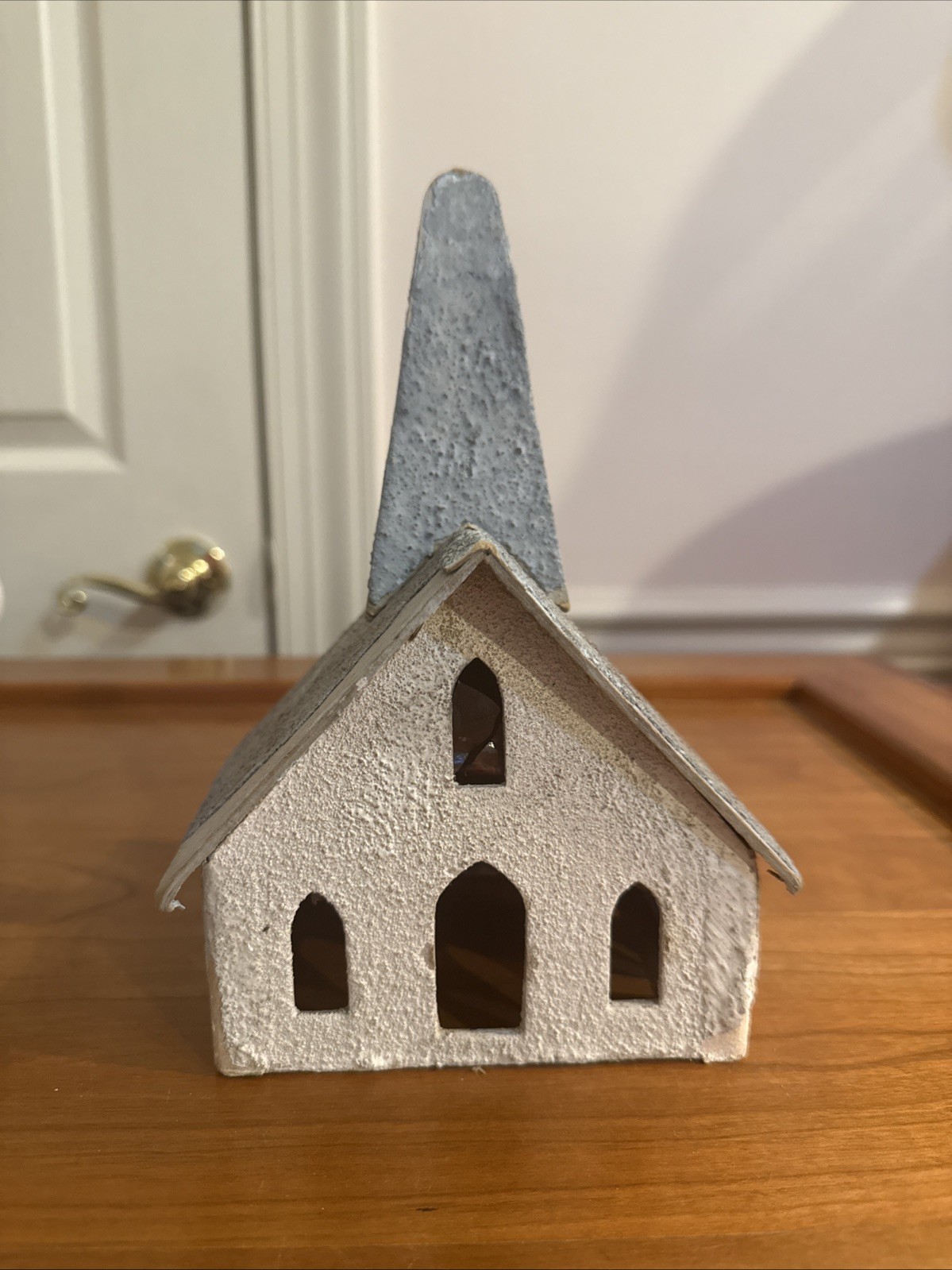 Vtg Handmad Putz Cardboard Church W/ Steeple Mica Snow