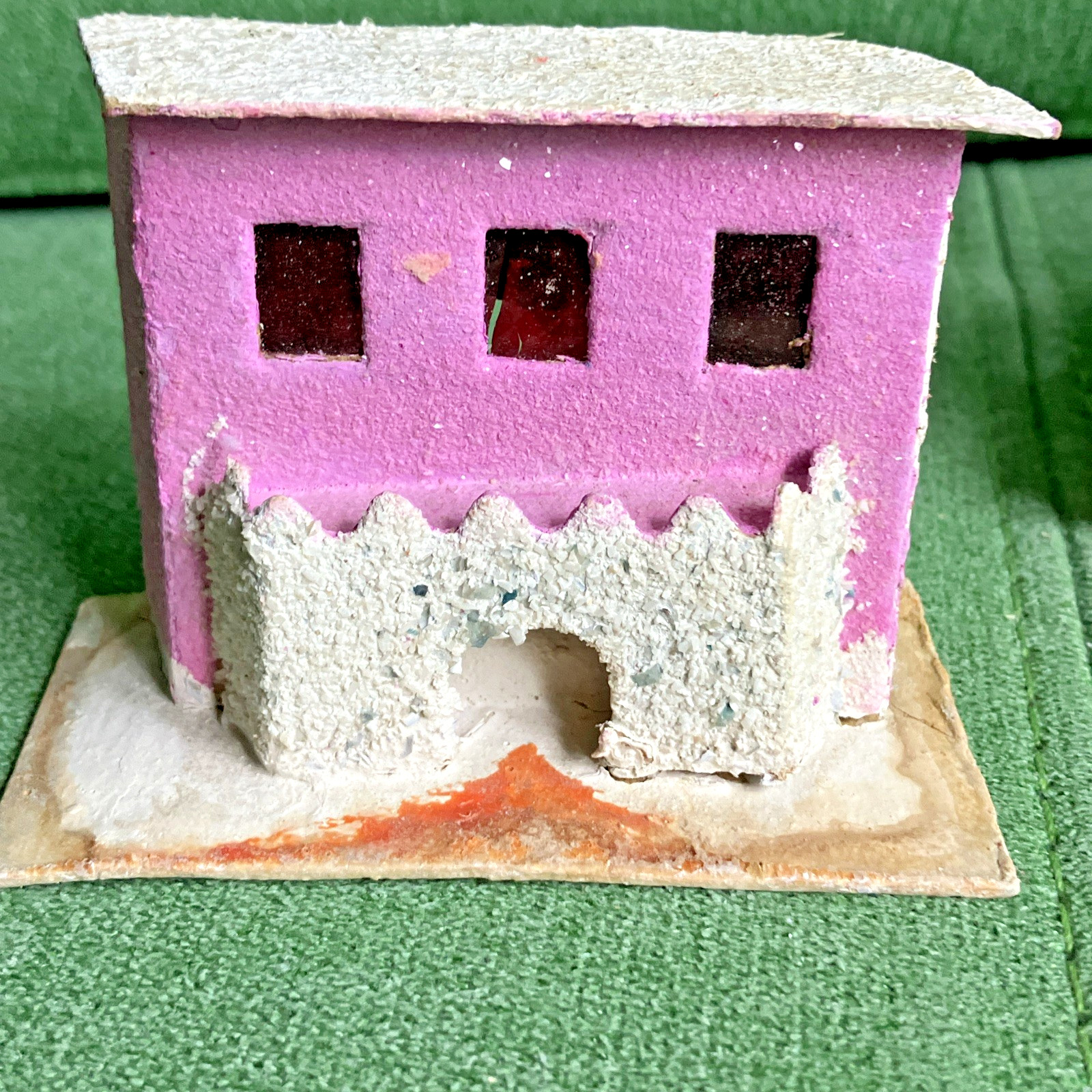 2 VTG Christmas Putz Houses, Cardboard w Mica Glitter, Windows, Trees