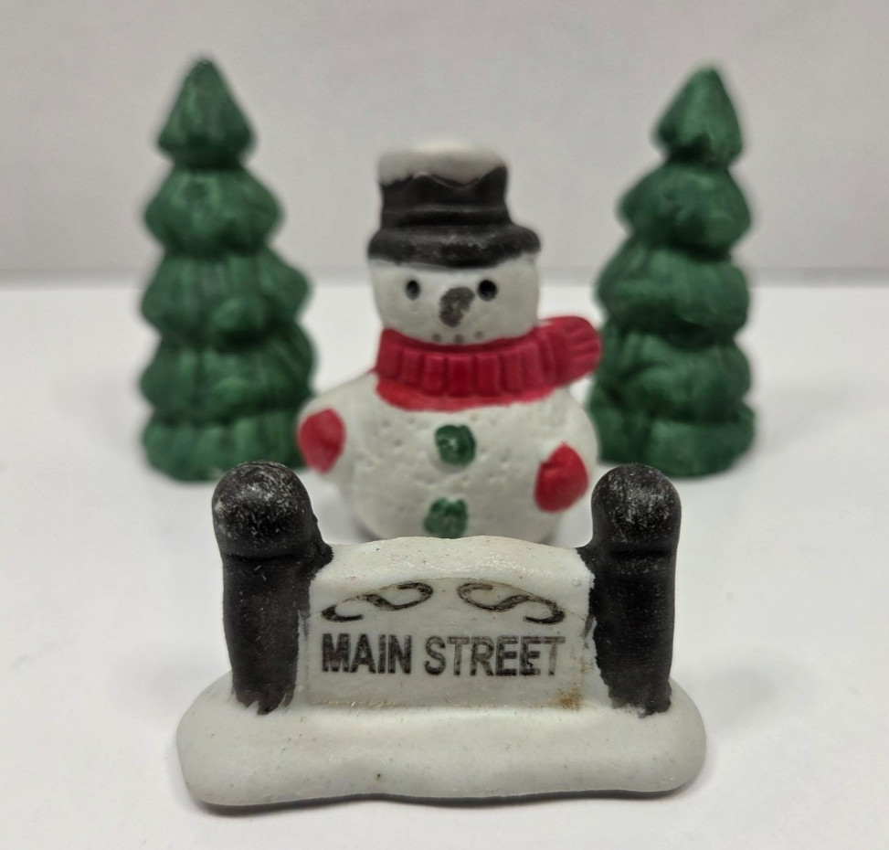 Ceramic Bisque Dickens Village Miniature Snowman, Trees, Mainstreet Sign