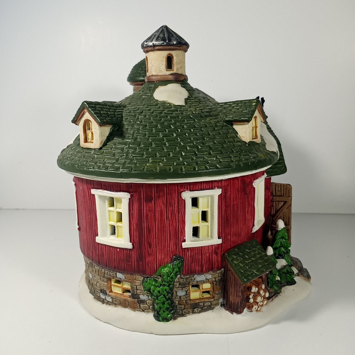 Porcelain Enchanted Forest Lighted Christmas Farm House Round Barn Farmer