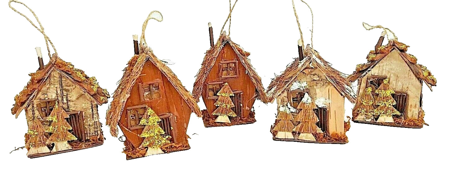 Natural Fibers Log House Ornaments Set Of 5 4 1/2″ x 3″ x 2″ Vintage